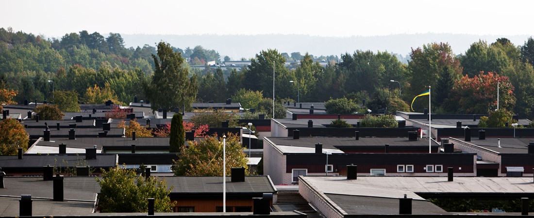 Vy över svarta, platta kedjehustak med skog och himmel i bakgrunden.